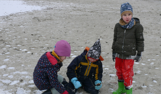 Kinder entdecken Teichmuscheln im abgelassenen Fischteich Foto: Christina Melzer